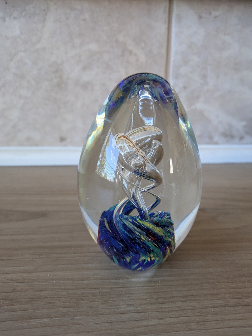 Vintage Clear Glass Art Egg Paper Weight - Blue Multicolor Core Paperweight